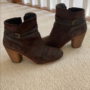 Leather chocolate suede block booties